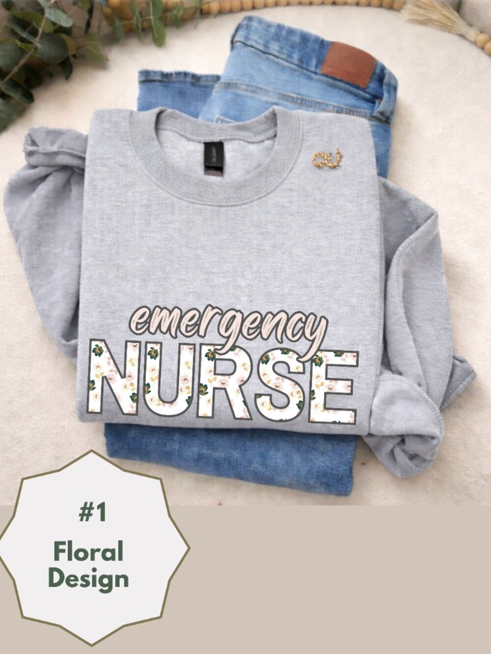 Emergency Nurse Floral Sweatshirt Gray Nurse Crewneck Cozy RN Gift Cute Nurse - Picture 4 of 14